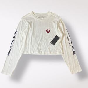 True Religion White NWT Heritage Long Sleeve Crop Relaxed Tee Shirt Size‎ S